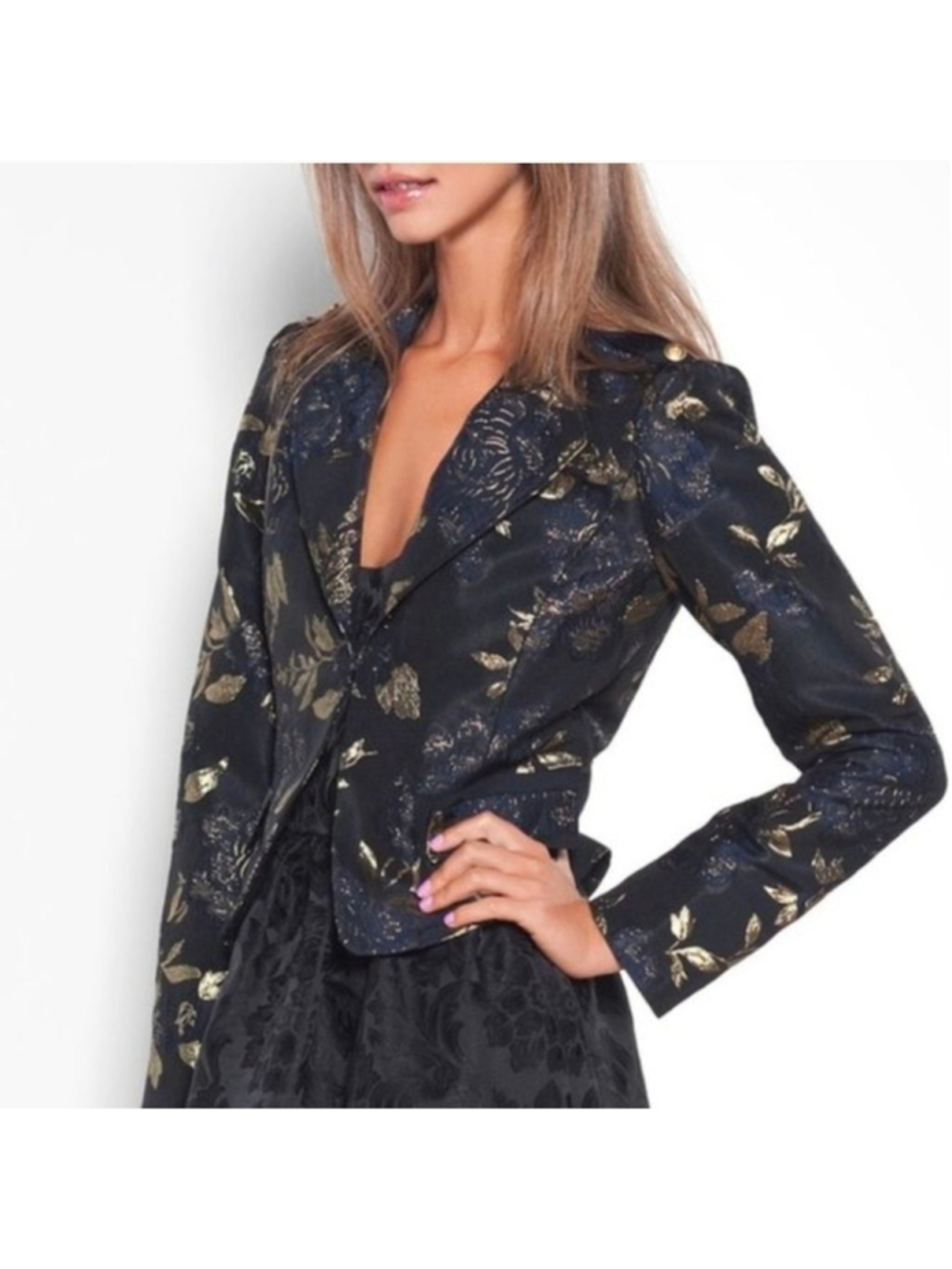 Elie Tahari Navy & Gold Metallic Floral Jacquard Blazer